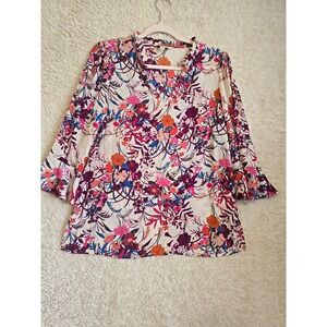 Pioneer Woman Floral V-Neck 3/4 Sleeve Ruffle Woven Blouse Top M